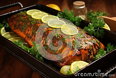 Savory and succulent roasted fish with aromatic herbs cooked to perfection in a sizzling pan Stock Photo