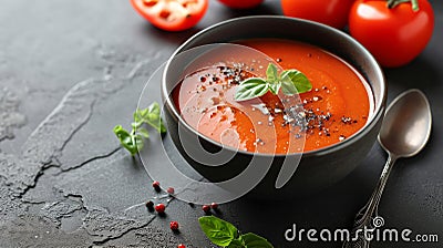 Savory Tomato Soup Served on Edgy Grunge Background Stock Photo