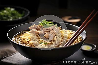 A savoury and satisfying bowl of ramen featuring perfectly cooked noodles and tender slices of pork. (Generative AI) Stock Photo