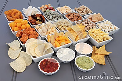 Savoury Snack and Dip Selection Stock Photo