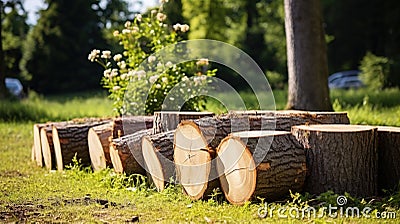 Sawed off tree trunks in the forest. Generative AI Stock Photo