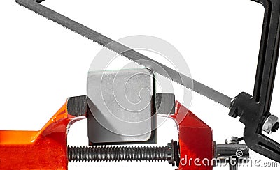 Sawing scalped cpu processor using saw and vice Stock Photo