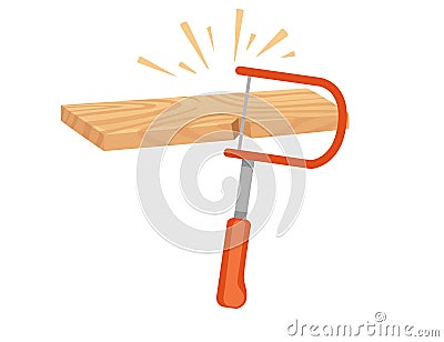 Sawing wooden plank with modern handsaw vector illustration isolated on white background Vector Illustration