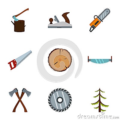 Sawing woods icons set, flat style Vector Illustration