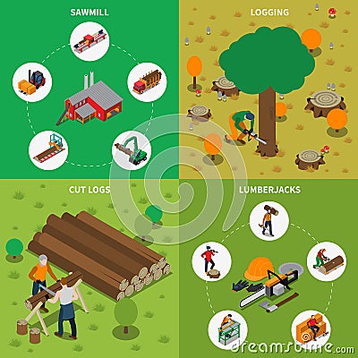 Sawmill Timber Mill Lumberjack Isometric Composition Vector Illustration