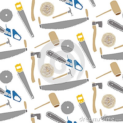 Saws and hammers - wood and tools. Hand-drawn seamless cartoon pattern with logging device. Vector illustration. Vector Illustration