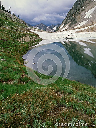 Sawtooth Lake and approaching storm, Sawtooth Range, Sawtooth Wilderness, Idaho Stock Photo