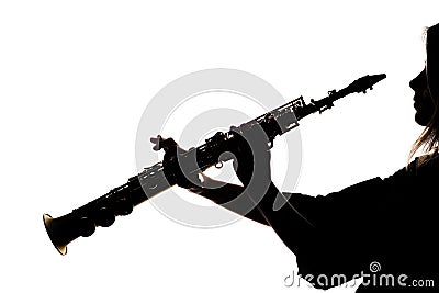 Saxafon on a white background in the hands of a musician silhouette Stock Photo