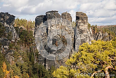 Saxon Switzerland National Park, Germany, 6 November 2021: Basteiaussicht or Bastei Rock Formations in Elbe River Valley, Stock Photo