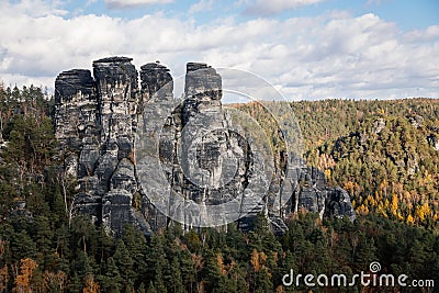 Saxon Switzerland National Park, Germany, 6 November 2021: Basteiaussicht or Bastei Rock Formations in Elbe River Valley, Stock Photo