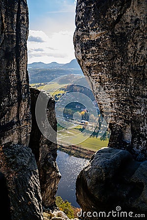 Saxon Switzerland National Park, Germany, 6 November 2021: Basteiaussicht or Bastei Rock Formations in Elbe River Valley, Stock Photo