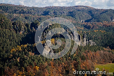 Saxon Switzerland National Park, Germany, 6 November 2021: Basteiaussicht or Bastei Rock Formations in Elbe River Valley, Stock Photo