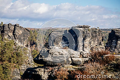 Saxon Switzerland National Park, Germany, 6 November 2021: Basteiaussicht or Bastei Rock Formations in Elbe River Valley, Stock Photo