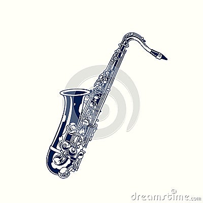 Saxophone hand drawn sketch retro design. Classical jazz music instrument in cartoon isolated. Wind musical tool concept. Vector Vector Illustration