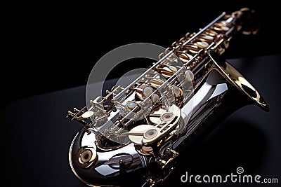 Saxophone jazz instruments. Saxophone music instrument closeup on black background. Generative Ai Stock Photo