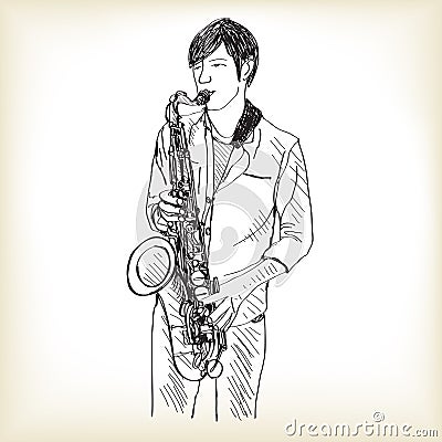 Saxophone man showing free hand drawing sketch Vector Illustration