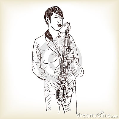 Saxophone man showing free hand drawing sketch vector Vector Illustration