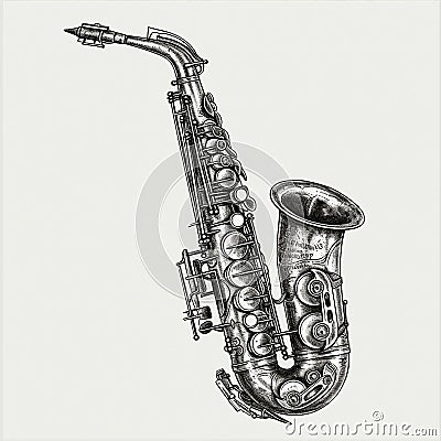 Saxophone, musical instrument, jazz, classical music, vintage retro black and white drawing Stock Photo
