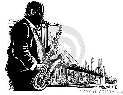 Saxophone player at Historic Brooklyn Bridge Vector Illustration