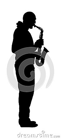 Saxophone player vector silhouette illustration. Music man play wind instrument. Music artist. Jazz man. Bugler street performer. Cartoon Illustration