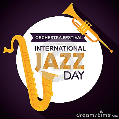 saxophone with trumpet and label to jazz day Cartoon Illustration