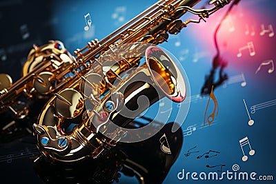 Saxophones gleam with golden melodies amidst a vibrant sea of musical notes. Stock Photo