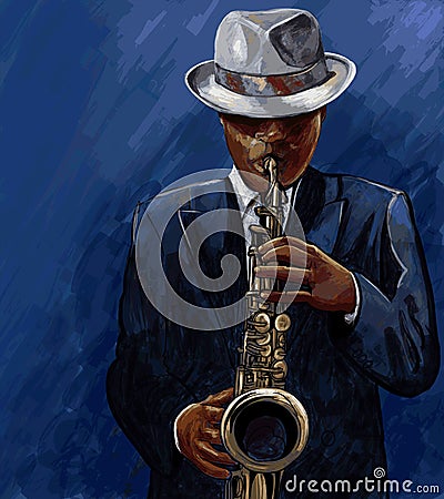 Saxophonist playing saxophone on a blue background Vector Illustration