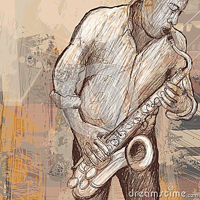 Saxophonist playing saxophone on grunge background Vector Illustration