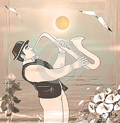 Saxophonist Retro musician poster watercolor art jazz Cartoon Illustration