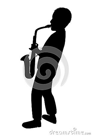 Saxophonist silhouette on white background. Young man plays an instrument. Teen boy learns music playing the saxophone. Isolated Vector Illustration