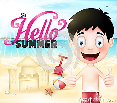 Say Hello to Summer Happy Boy Playing Sand Castle Vector Illustration