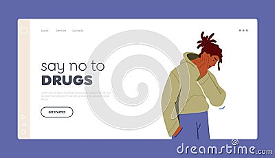 Say No to Drugs, Teenage Boy Negative Feelings Expression Landing Page Template. Teenager Male Character Show Refusal Vector Illustration