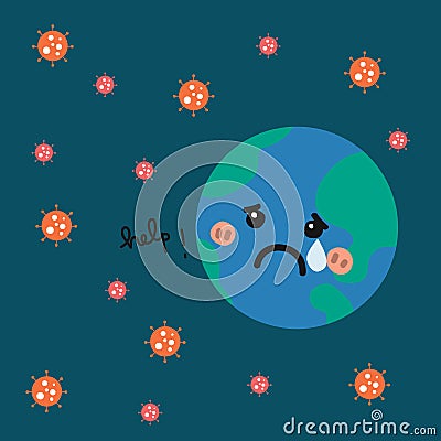 Coronavirus attacking the earth, earth crying cartoon Vector Illustration