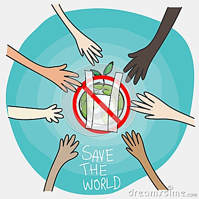 Say no to plastic bags concept, cartoon style. cooperation of people in different nationalities with signage for stop using Vector Illustration