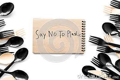 Say no to plastic copy. Eco concept and injunction on the use of plastic flatware on white background top view Stock Photo