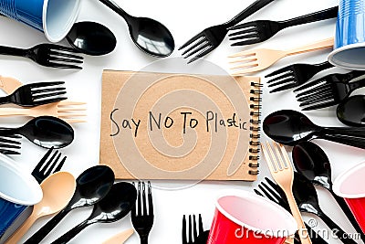 Say no to plastic copy. Eco concept and injunction on the use of plastic flatware on white background top view Stock Photo