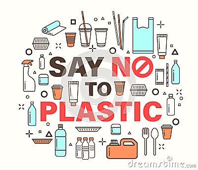 Say no to plastic illustration. Environmental concept. plastic package line icons style Vector Illustration