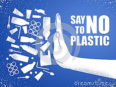 Say no to plastic. Problem plastic pollution. Ecological poster. Banner composed of white plastic waste bag, bottle and hand on Vector Illustration