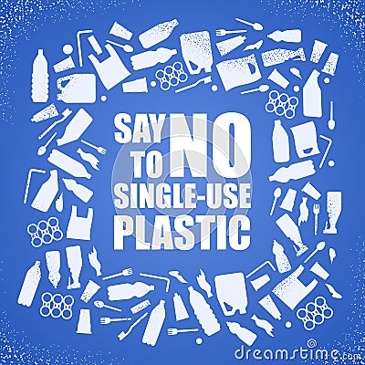 Say no to single-use plastic. Problem plastic pollution. Ecological poster. Banner composed of white plastic waste bag, bottle and Vector Illustration