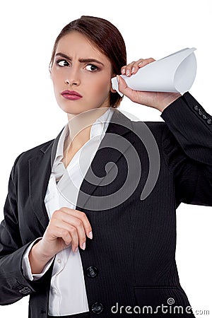 Say What? Business woman listening and trying to understand - Stock Image Stock Photo