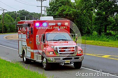 Sayreville NJ USA - Jujy 02, 2018: Emergency service damaged cars sreet with light blinking Editorial Stock Photo