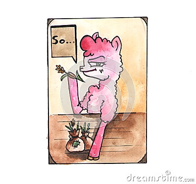 So... says pink Llama with spikelet. Funny watercolor sketch cartoon alpaca on white background Cartoon Illustration