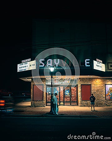 Sayville Cinemas vintage sign at night, Sayville, New York Editorial Stock Photo