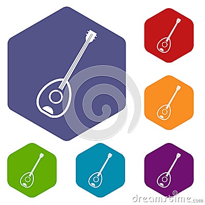 Saz turkish music instrument icons set hexagon Vector Illustration