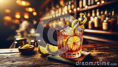 Sazerac with a lemon twist, served on a vintage wooden bar, focus on the citrus garnish, ambient bar lighting.. AI Stock Photo