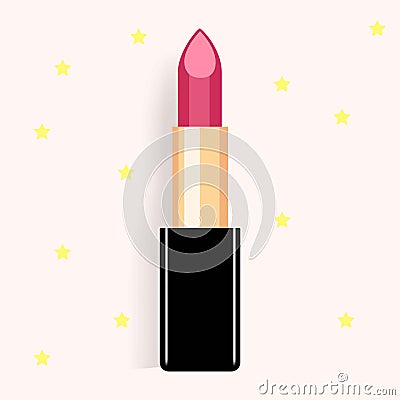 Yellow stars on the background of black and gold red lipstick, female cosmetics, 3d realistic vector illustration. Vector Illustration