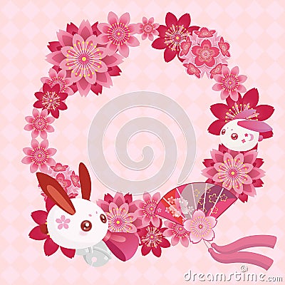 Rabbit and cherry blossom japanese fan bow bells pink garland seamless background, cute red ears bunny, vector file Vector Illustration