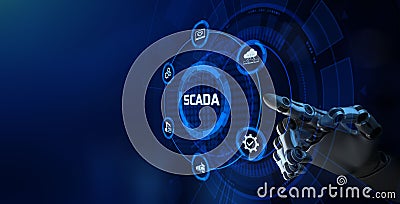 SCADA Supervisory control and data acquisition technology concept on virtual screen. Robotic arm 3d rendering. Stock Photo