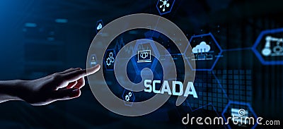 SCADA system Supervisory Control And Data Acquisition technology concept. Hand pressing button Stock Photo