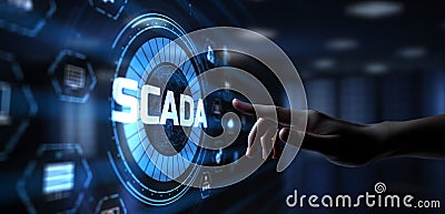 SCADA system Supervisory Control And Data Acquisition technology concept. Hand pressing button Stock Photo